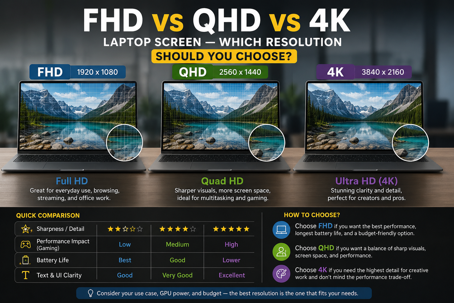 FHD vs QHD vs 4K Laptop Screen — Which Resolution Should You Choose?