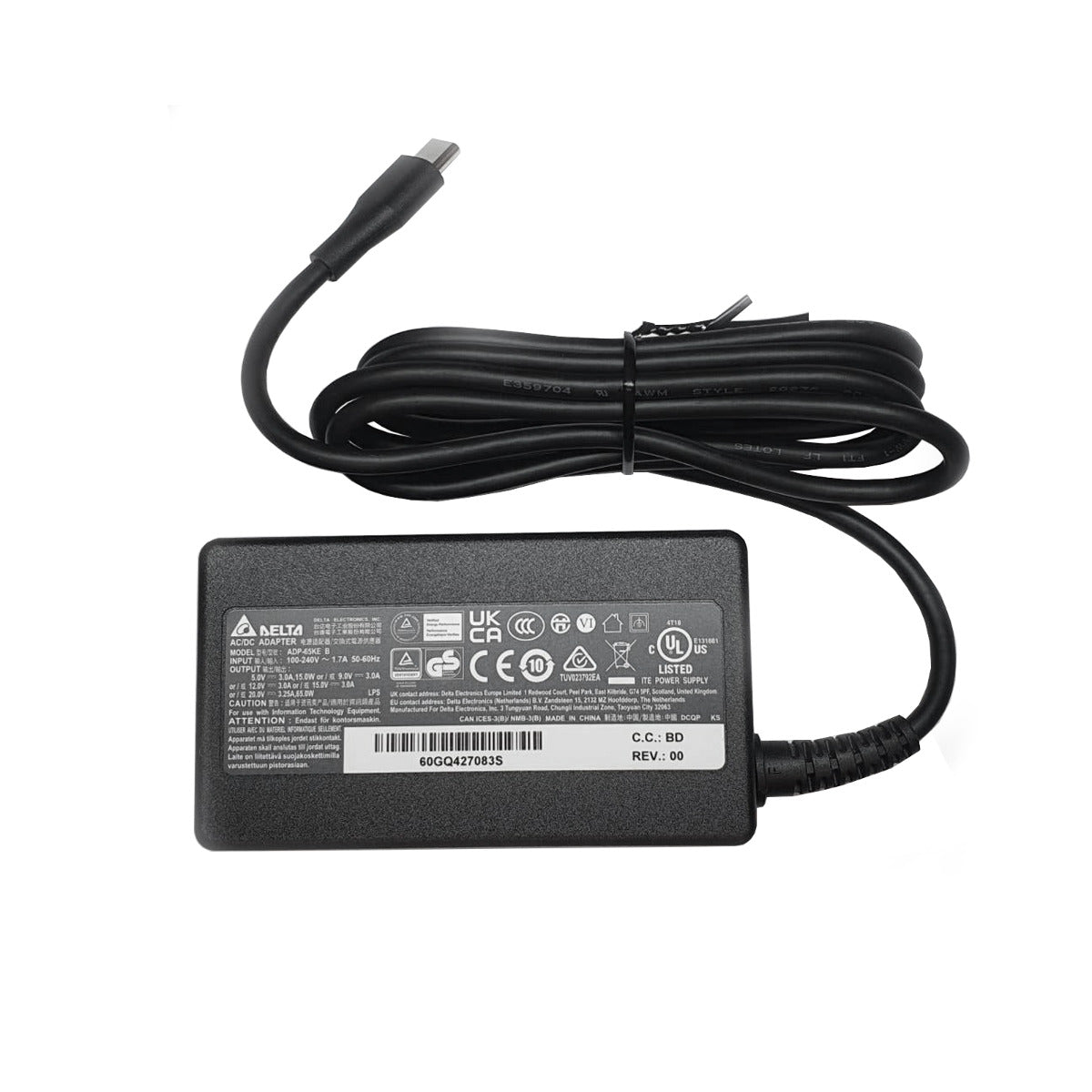 Delta 65W USB Type-C adapter, front view