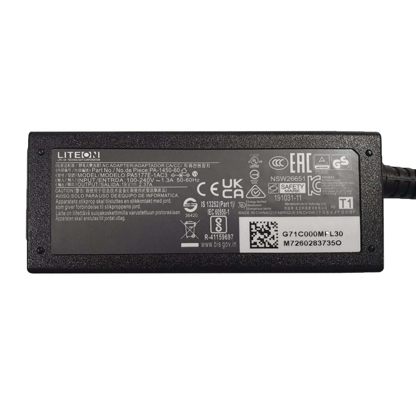 Liteon 19V 2.37A 45W Laptop Adapter 4.0mm x 1.35mm / 4.0mm x 1.2 Pin Size