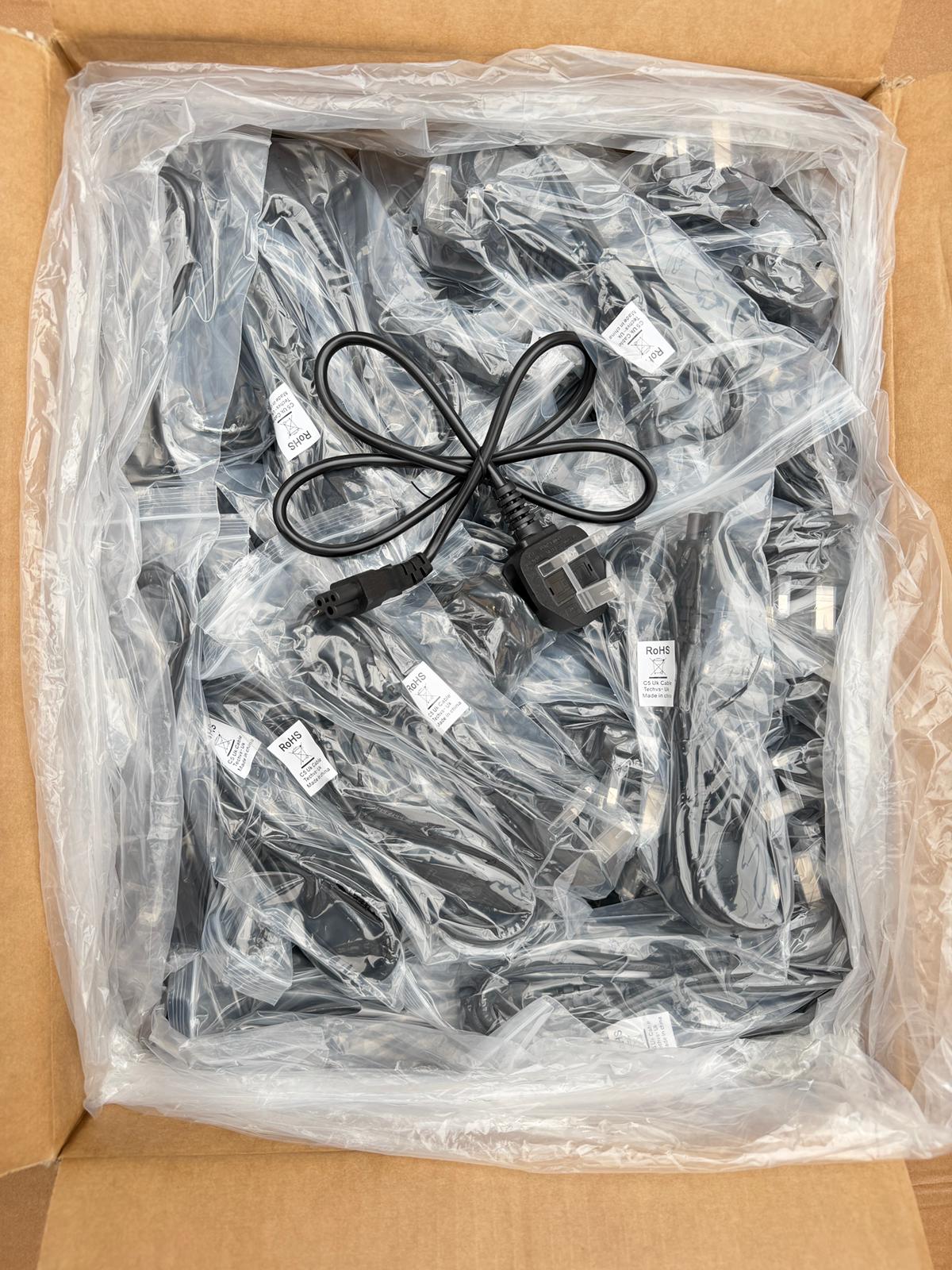 Open box of 100 C5 Cloverleaf mains power cables