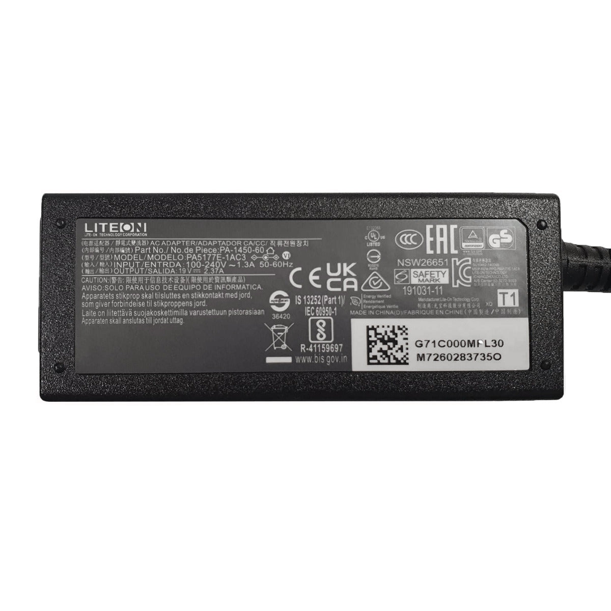 Liteon 19V 2.37A 45W Laptop Adapter 4.0mm x 1.35mm / 4.0mm x 1.2 Pin Size