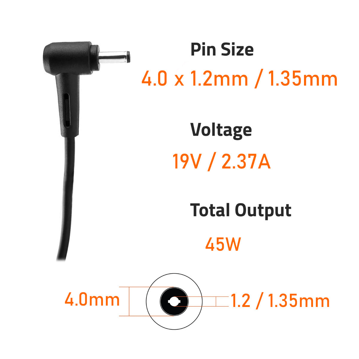 Liteon 19V 2.37A 45W Laptop Adapter 4.0mm x 1.35mm / 4.0mm x 1.2 Pin Size