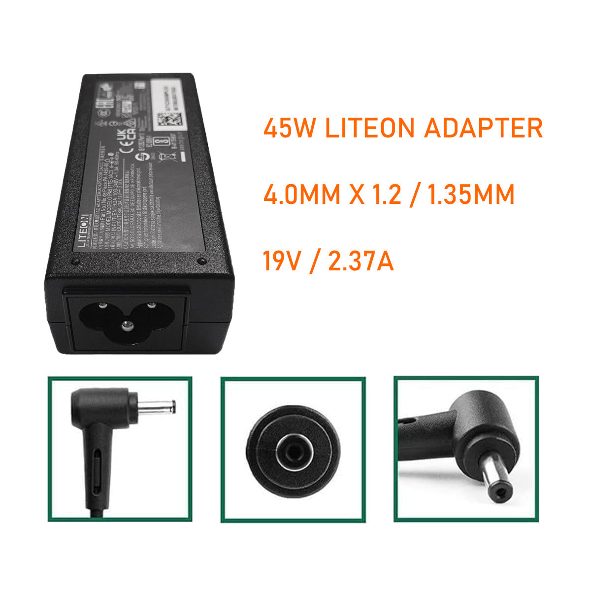 Liteon 19V 2.37A 45W Laptop Adapter 4.0mm x 1.35mm / 4.0mm x 1.2 Pin Size