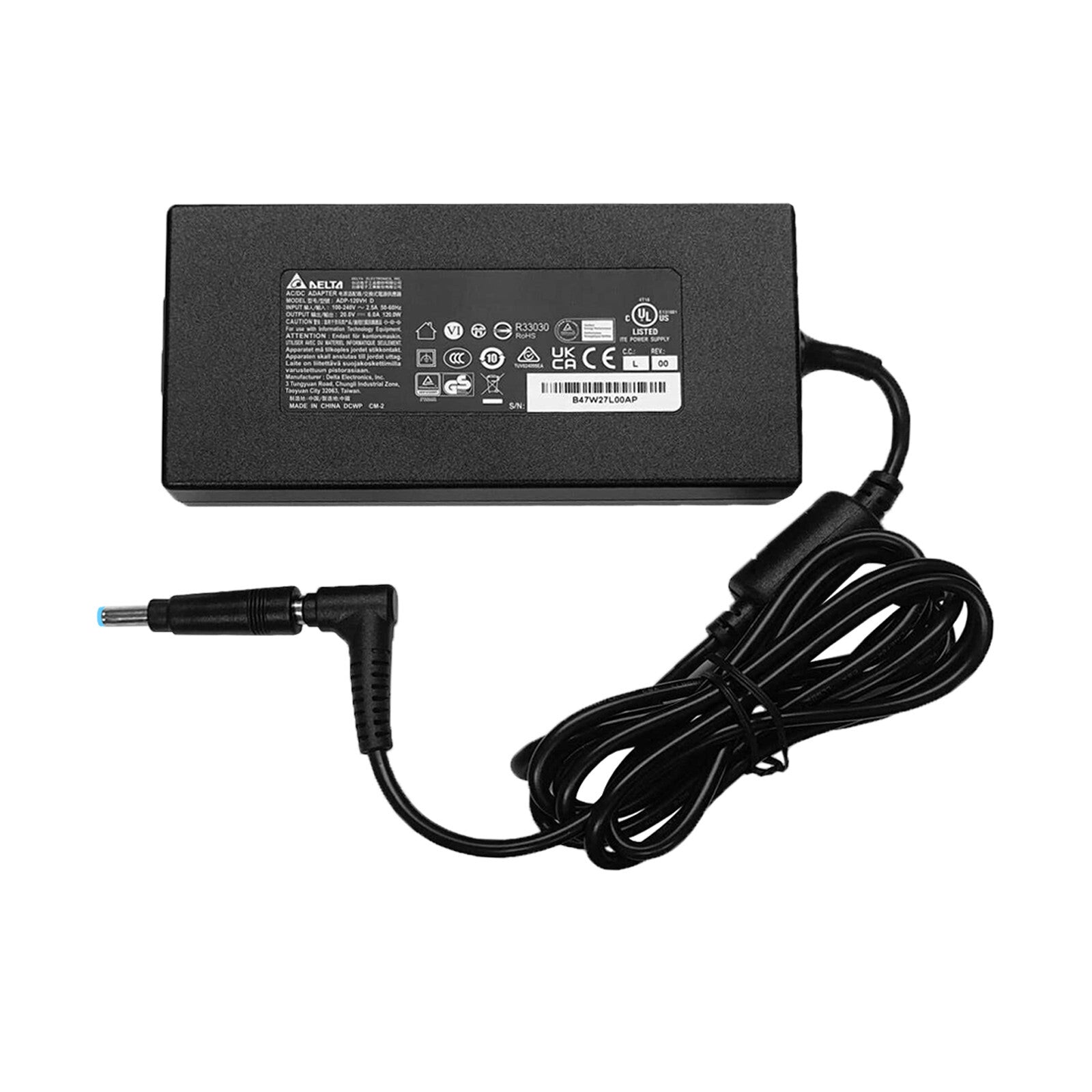 Delta 120W laptop charger for HP Spectre X360 13-4007NA featuring a BlueTip converted connector black power adapter brick with attached cables for reliable laptop charging.