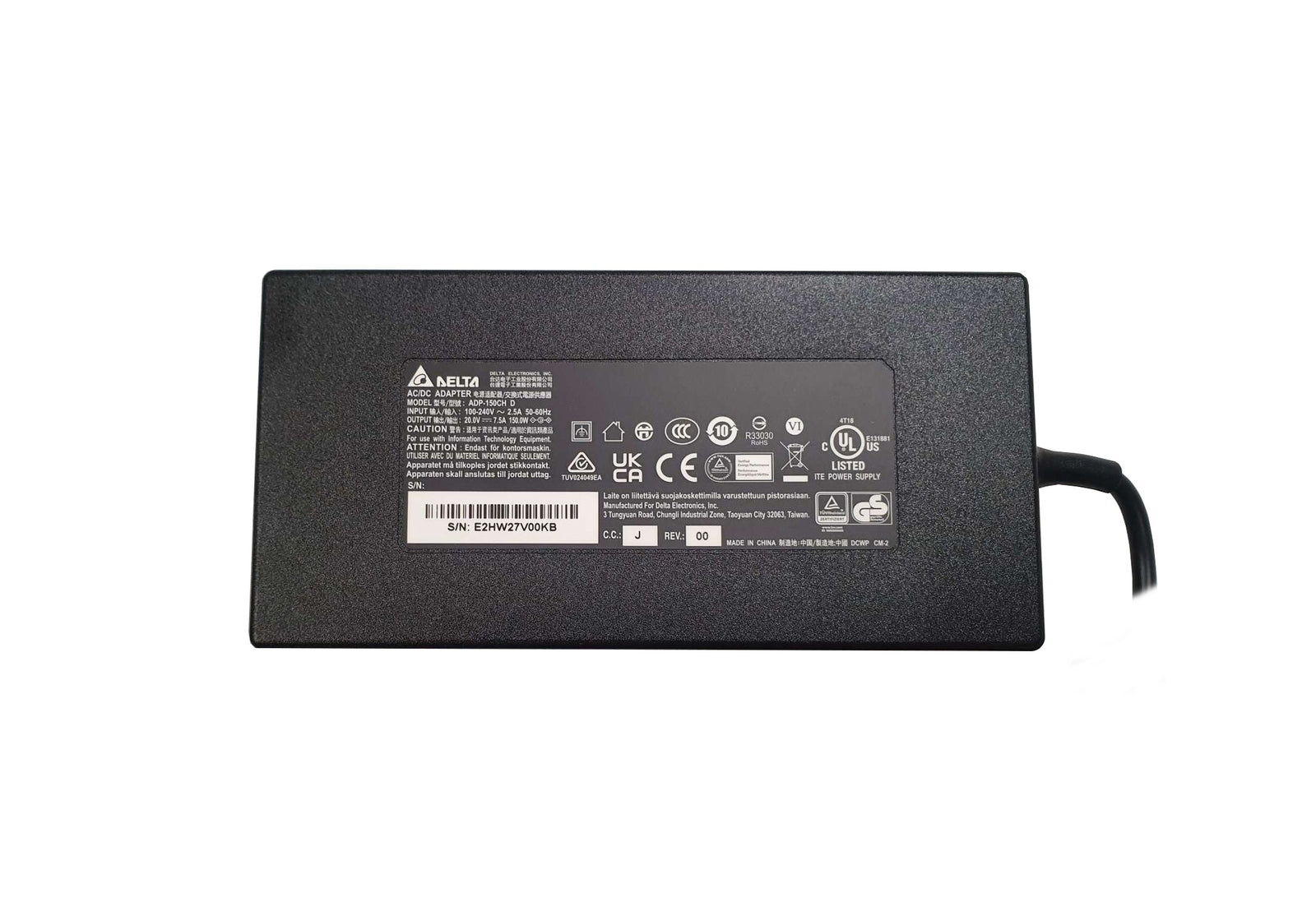 Delta 20V 7.5A 150W laptop charger for HP with 4.5mm x 3.0mm blue pin connector black rectangular power adapter with attached cable and slim barrel tip designed for HP laptops requiring high-wattage power supply