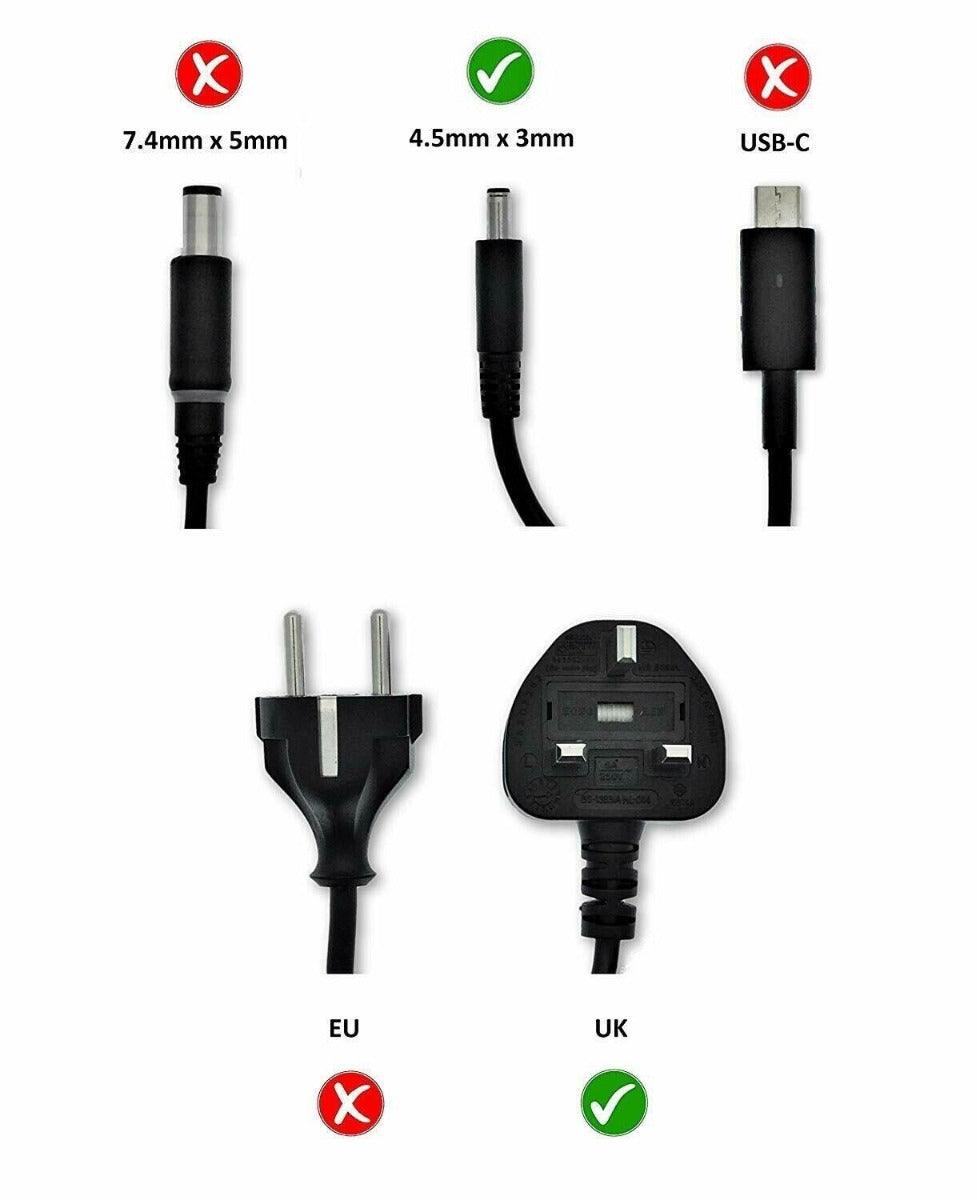 Dell 19.5V 2.31A 45W Laptop Adapter 4.5mm x 3.0mm Pin Size