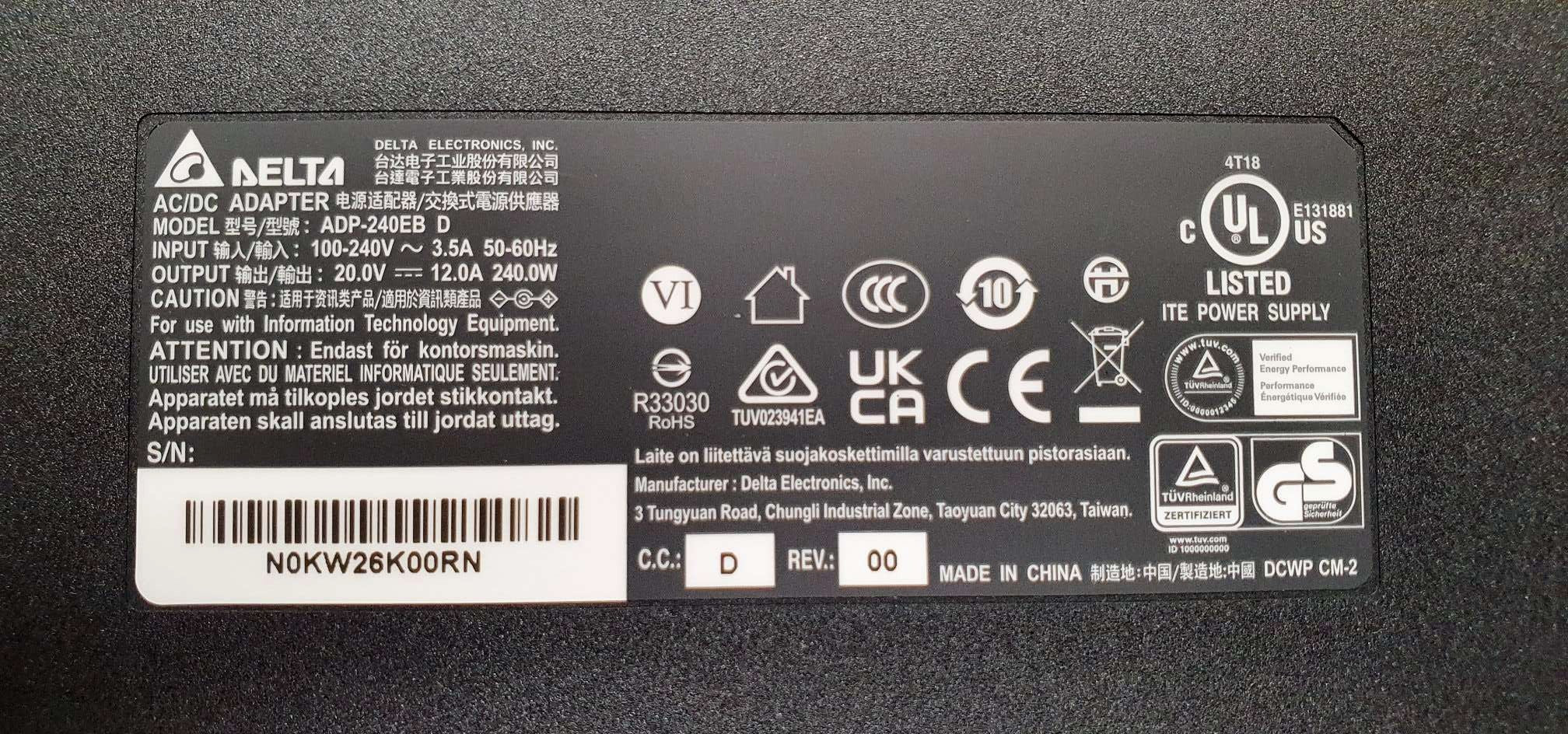 Delta 240W Laptop Charger For Dell DA240PM180 AC Power Adapter