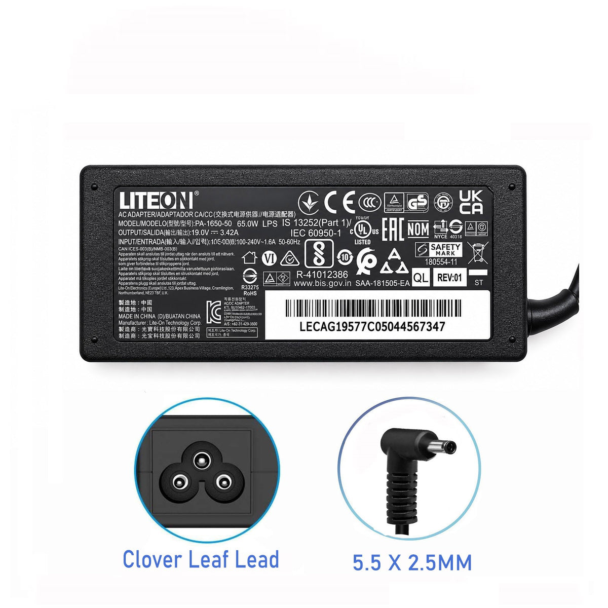 LITEON 19V 3.42A 5.5 X 2.5MM Laptop Charger Adapter