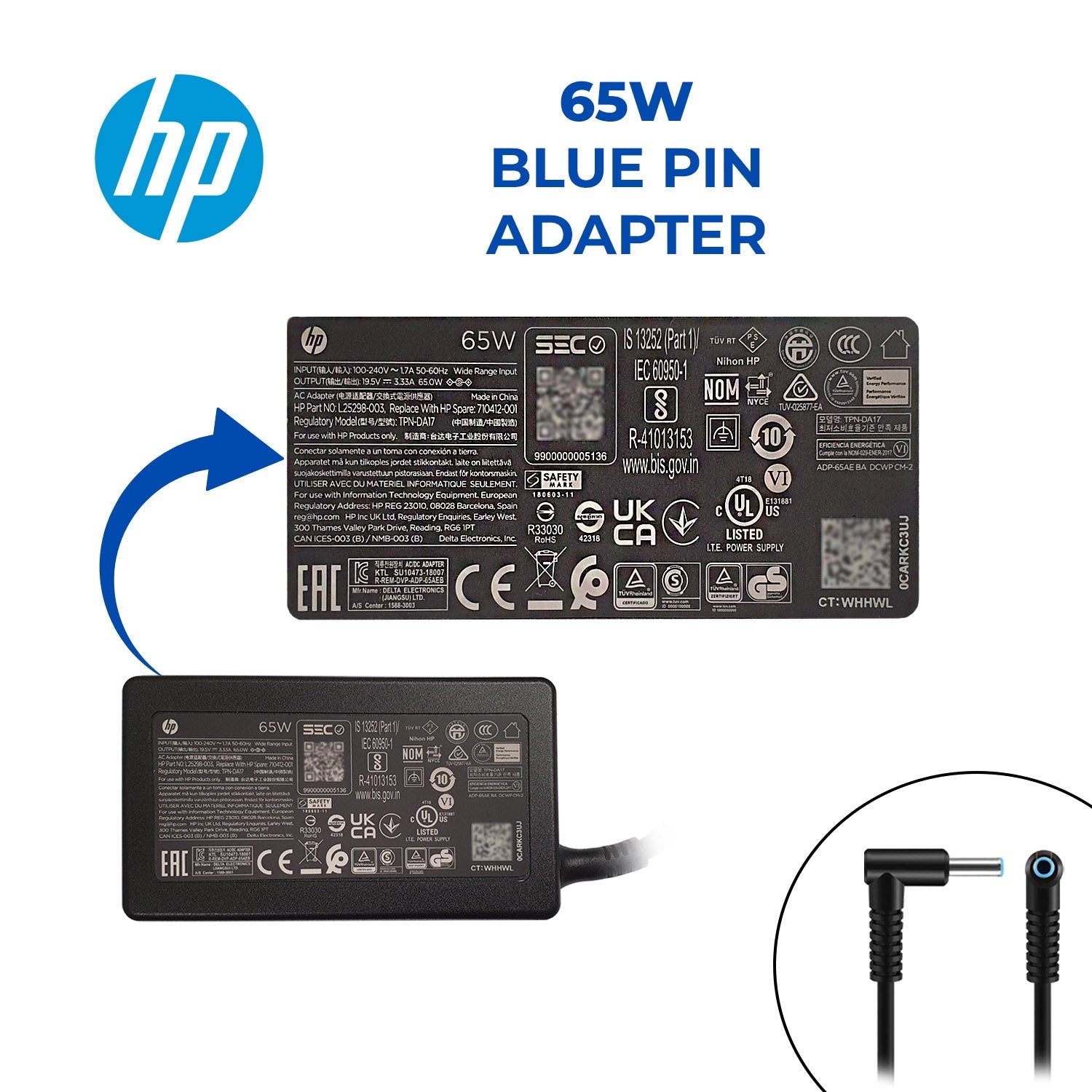 HP 15-P 15-P167CA 65W Laptop Adapter 4.5mm x 3.0mm Pin Size