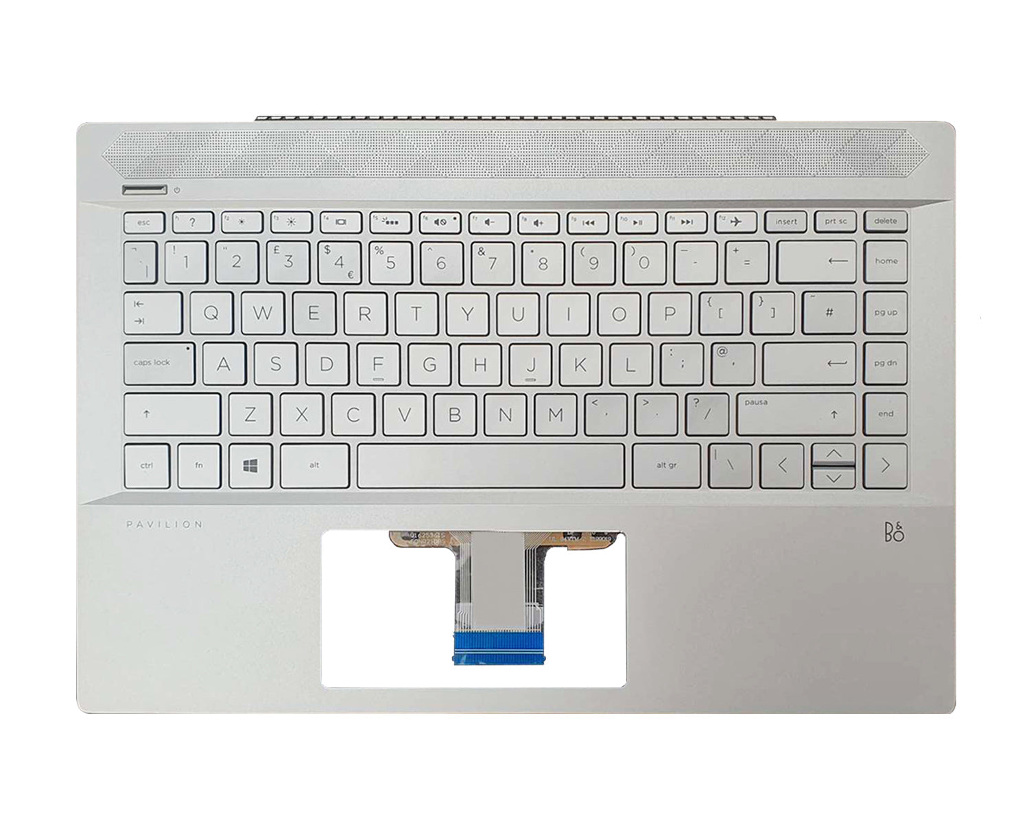 HP Pavilion 14-CE0042NF silver palmrest assembly with backlit keyboard and fingerprint reader cutout replacement part