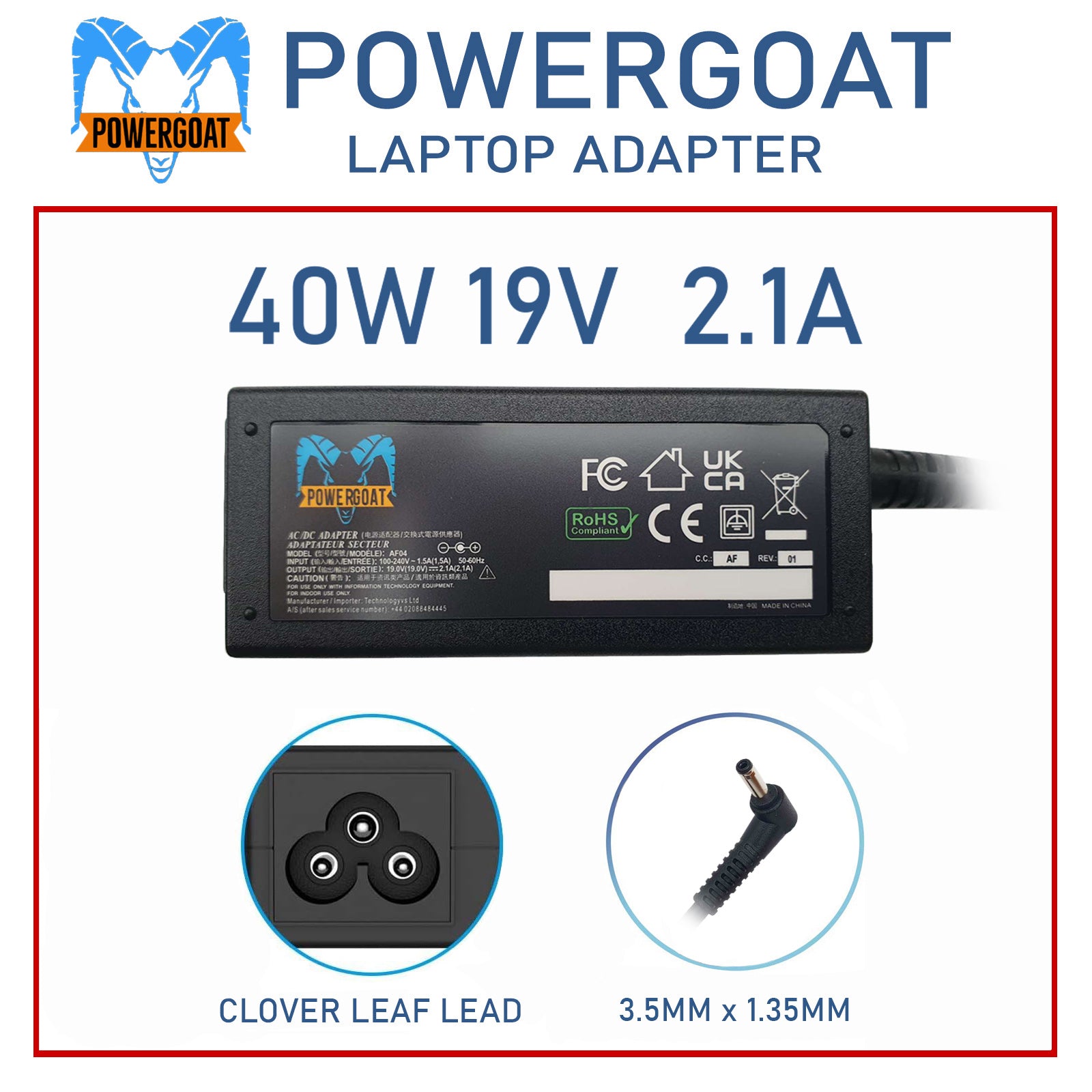 Powergoat 19V 2.1A 40W Laptop Adapter 3.5mm x 1.35mm Pin Size