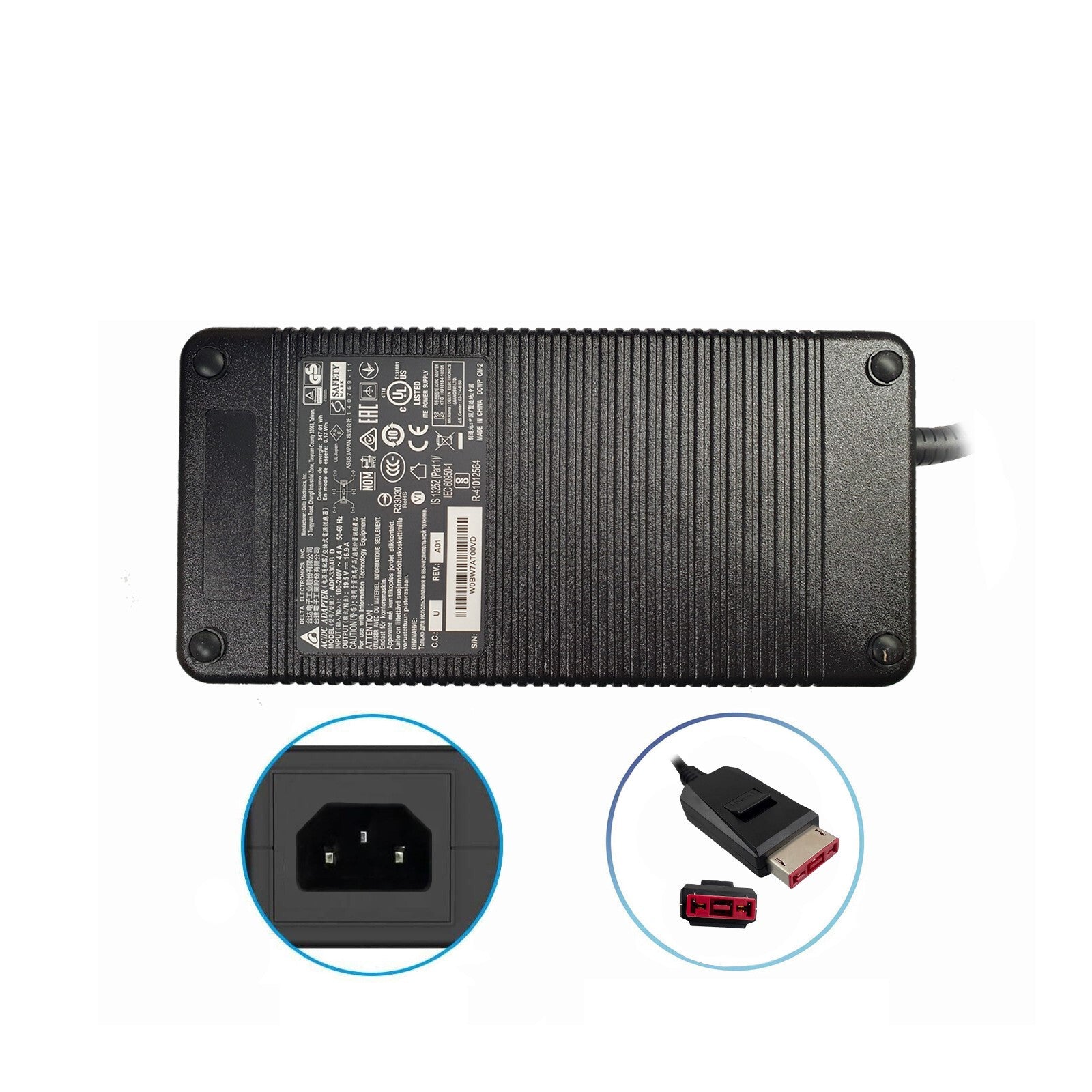 330W black ASUS ROG Chimera G703VI-E5117T gaming laptop power adapter with large rectangular charging brick, attached power cable, and Republic of Gamers branding, built for high-performance gaming laptops.